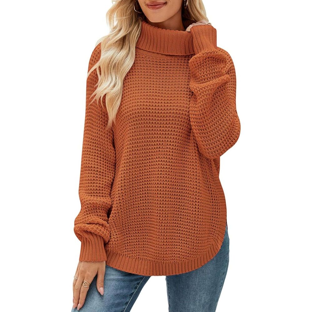 KIRUNDO Ribbed Knit Turtleneck Sweater Loose Casual Long Sleeve Split Soft Sz S